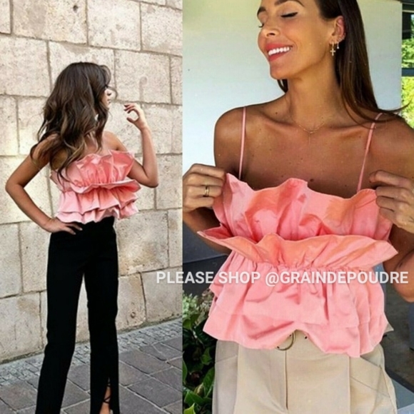 Zara Tops Zara Pink Taffeta Ruffle Peplum Crop Tank Top M Poshmark